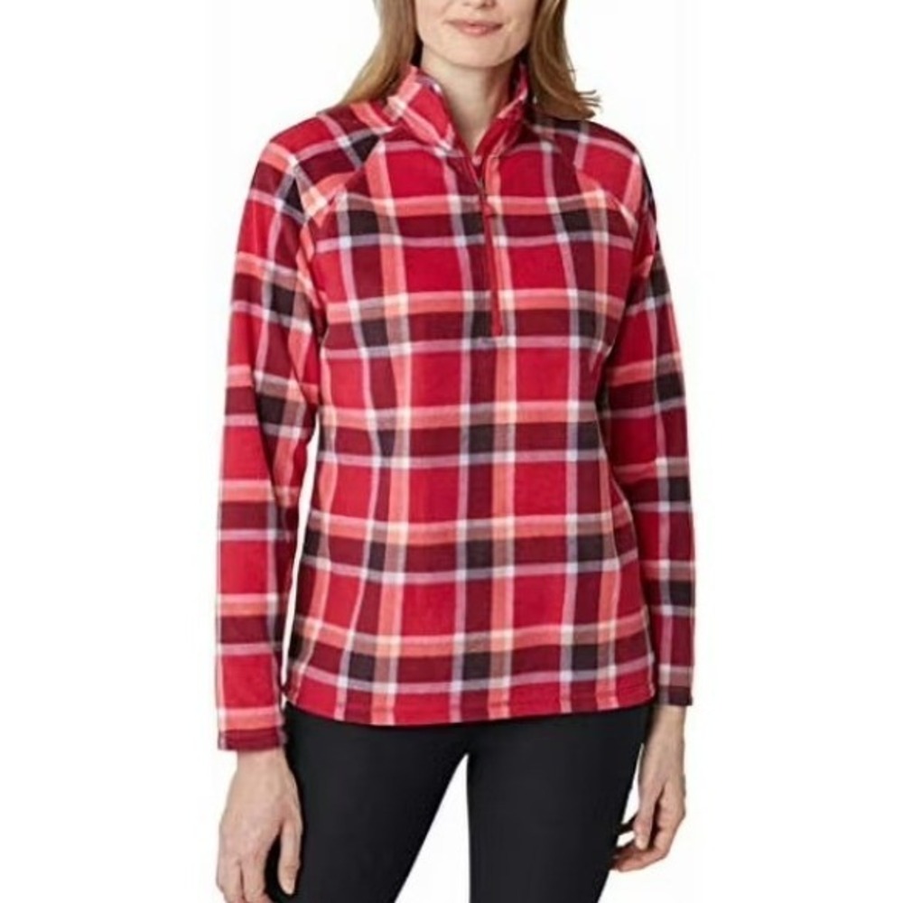 Eddie Bauer Womens XL Pink Plaid Quarter Zip Fleece Pullover Mock Neck Jacket